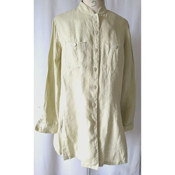 Current Women Long Tunic Oriental Green 100% Linen Button Down Size 8 - Picture 2 of 12